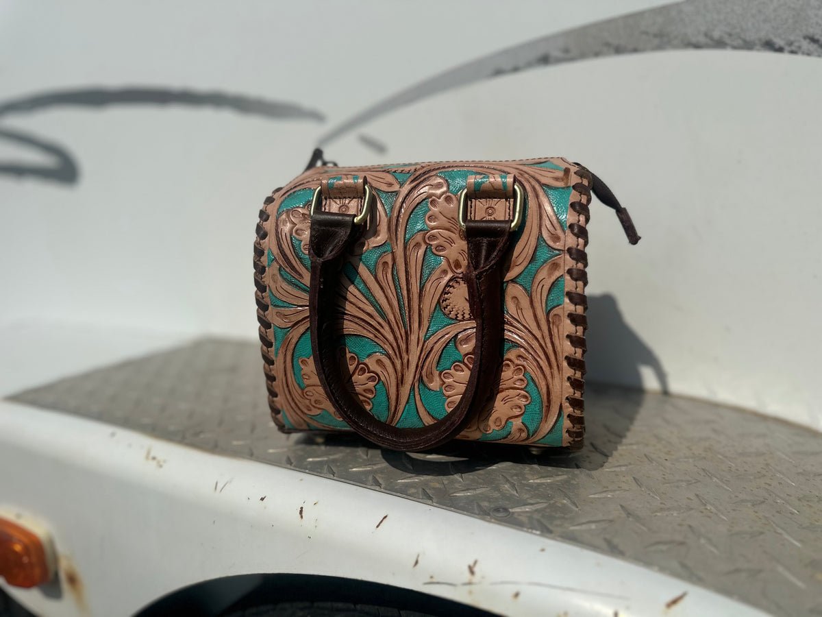 Brown tooled speedy with teal inlay-Mini