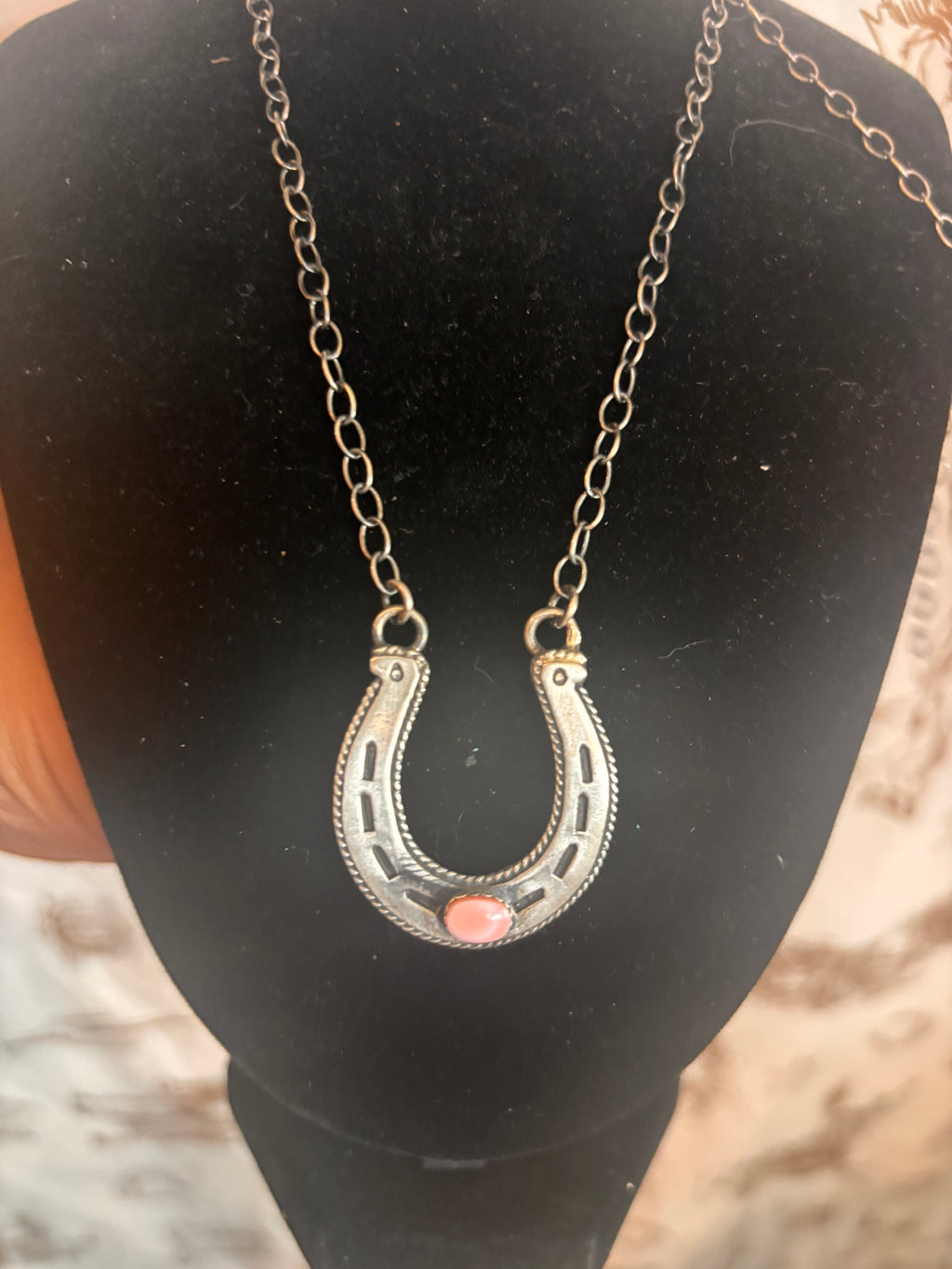 Sterling silver horseshoe-Pink conch stone-native made Stamped S stamped Sterling