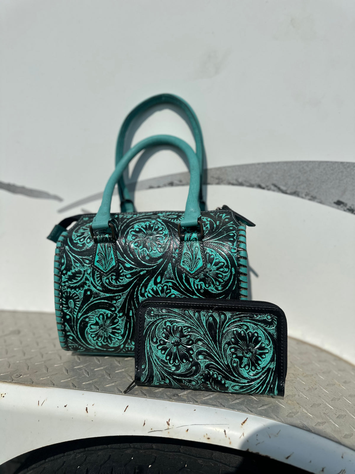 Turquoise & Charcoal Medium 11” Speedy with Matching Wallet