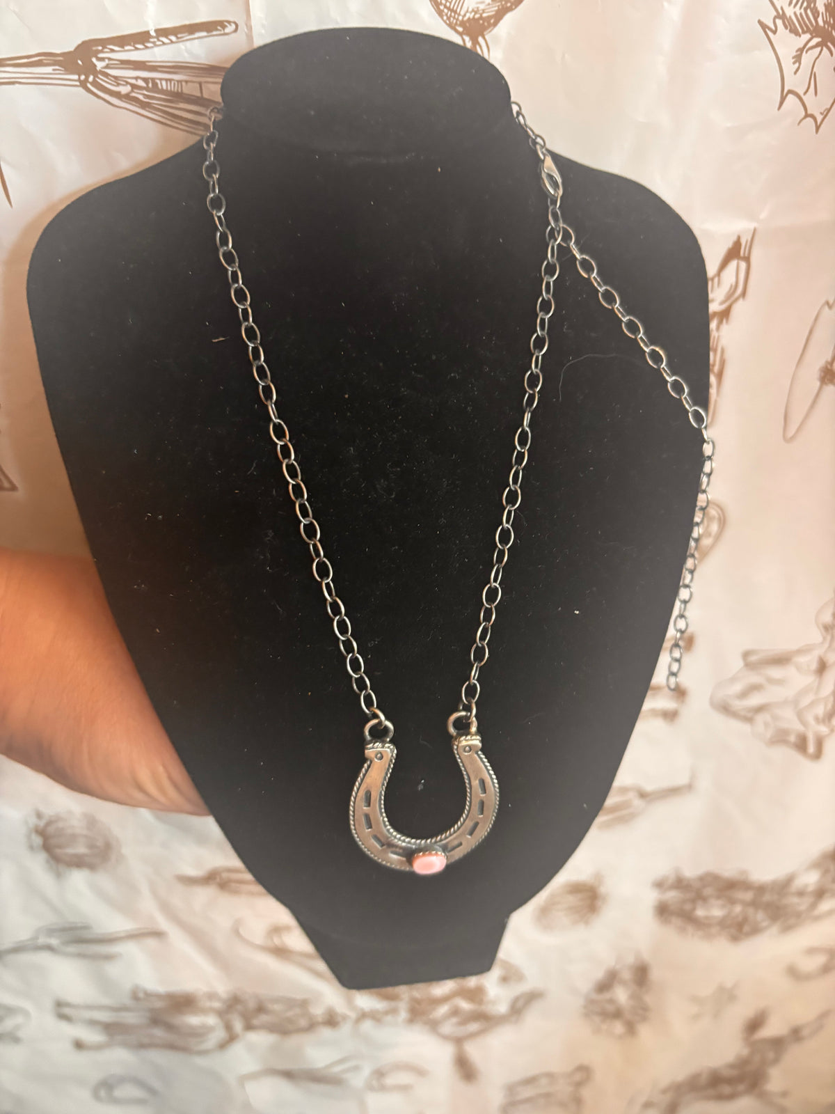 Sterling silver horseshoe-Pink conch stone-native made Stamped S stamped Sterling