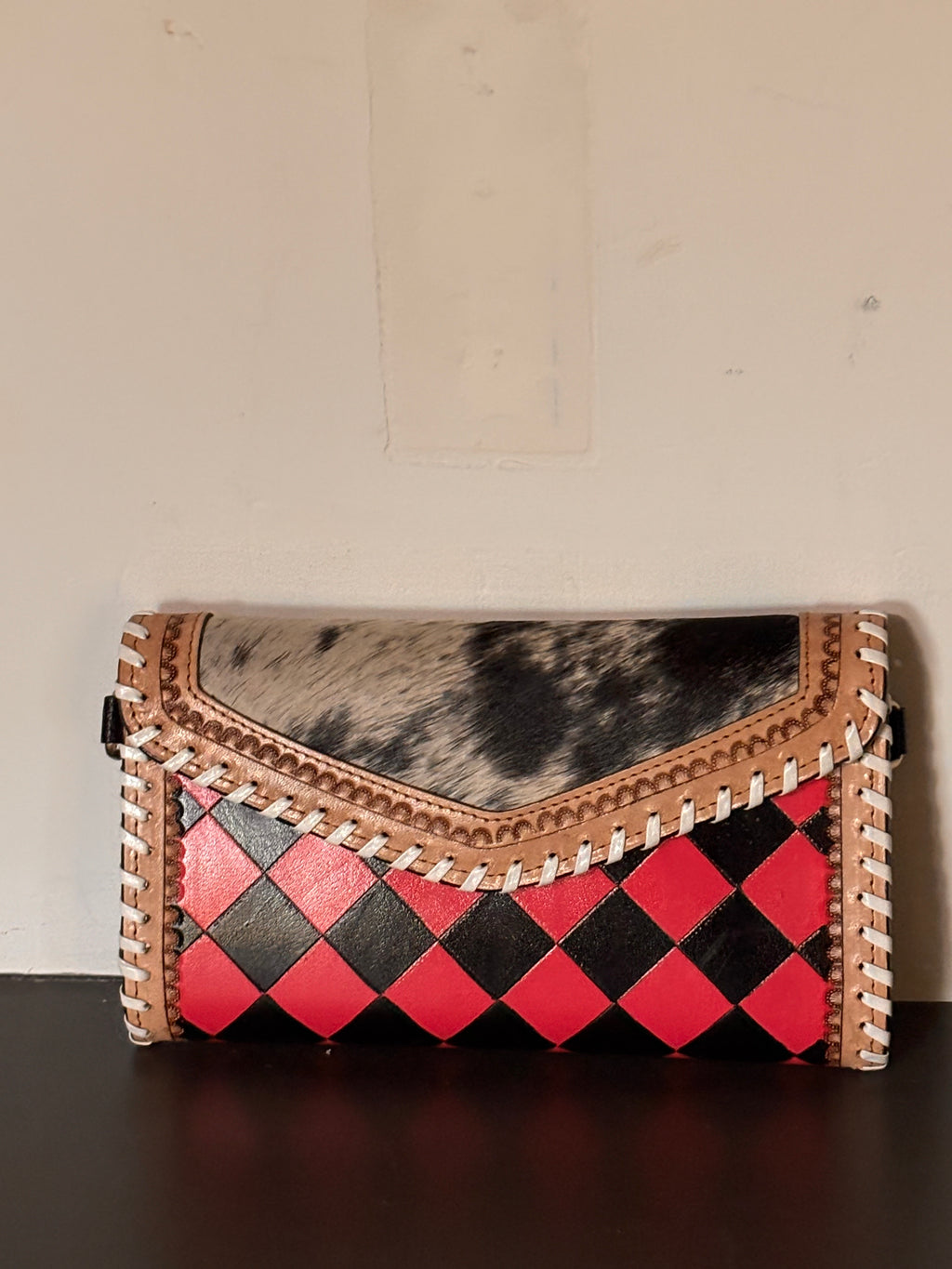 Checkered and Cowhide Clutch-wristlet & crossbody