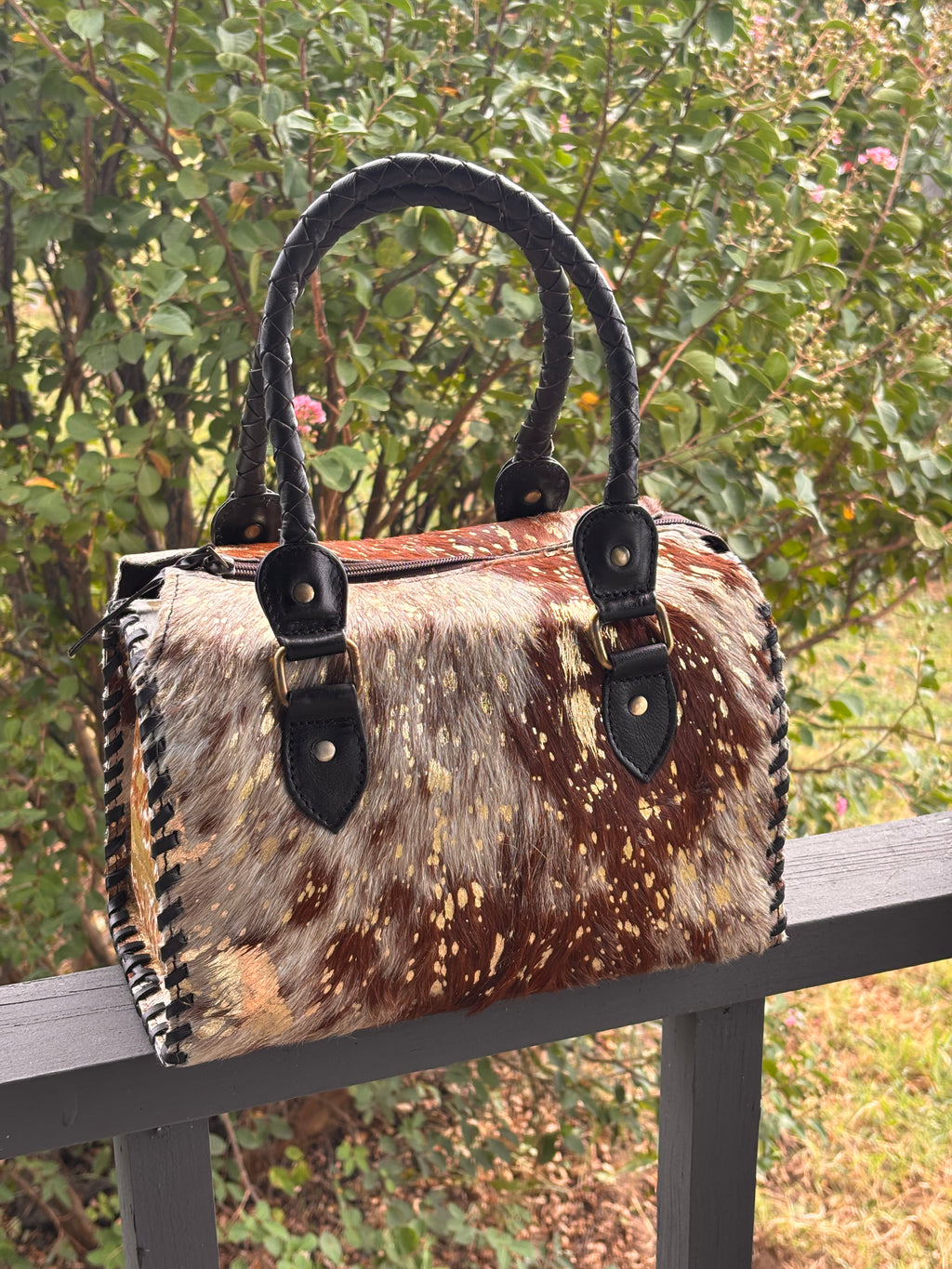 Brown cowhide speedy bag with gold splatter-medium 11”