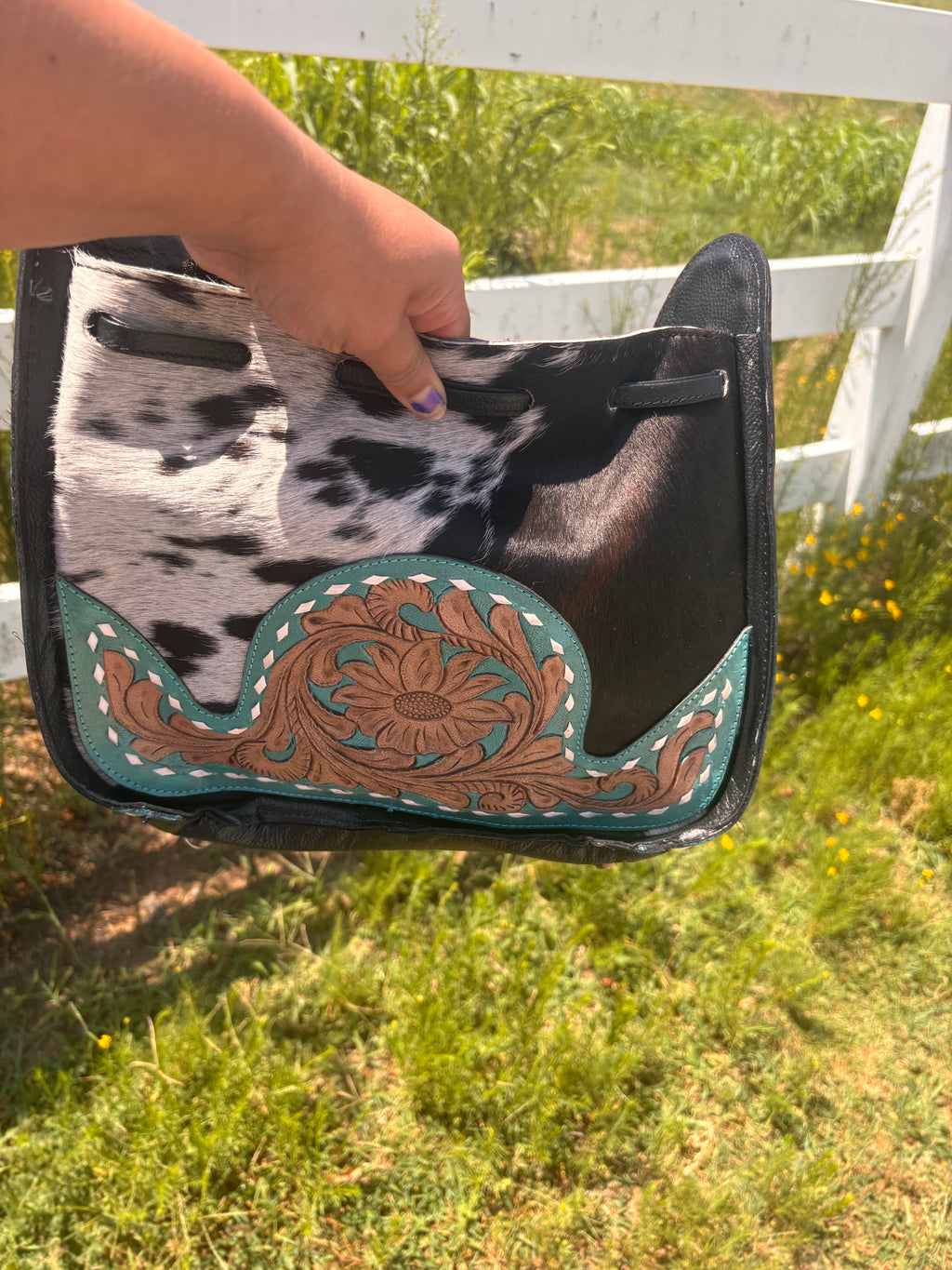 Bucket Bag-hand tooled-hair on hide