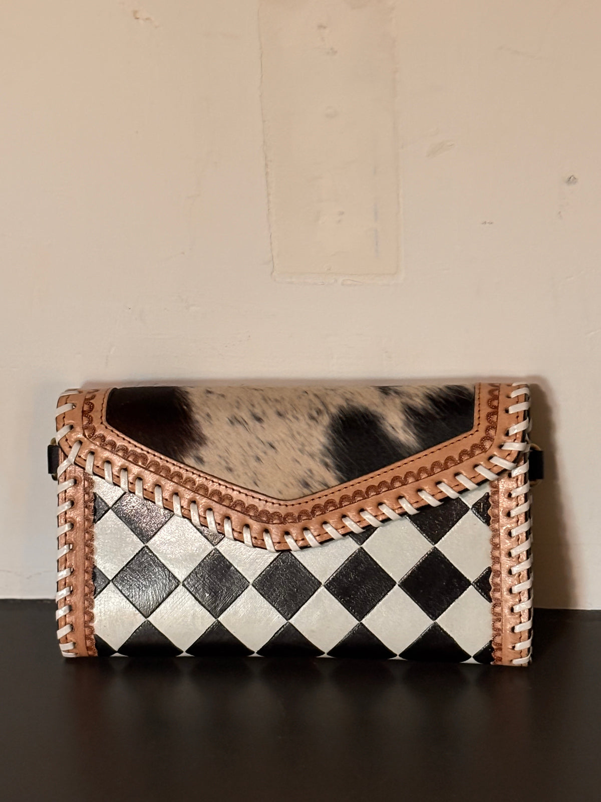 Checkered and Cowhide Clutch-wristlet & crossbody