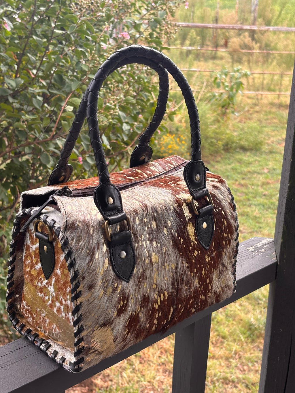 Brown cowhide speedy bag with gold splatter-medium 11”