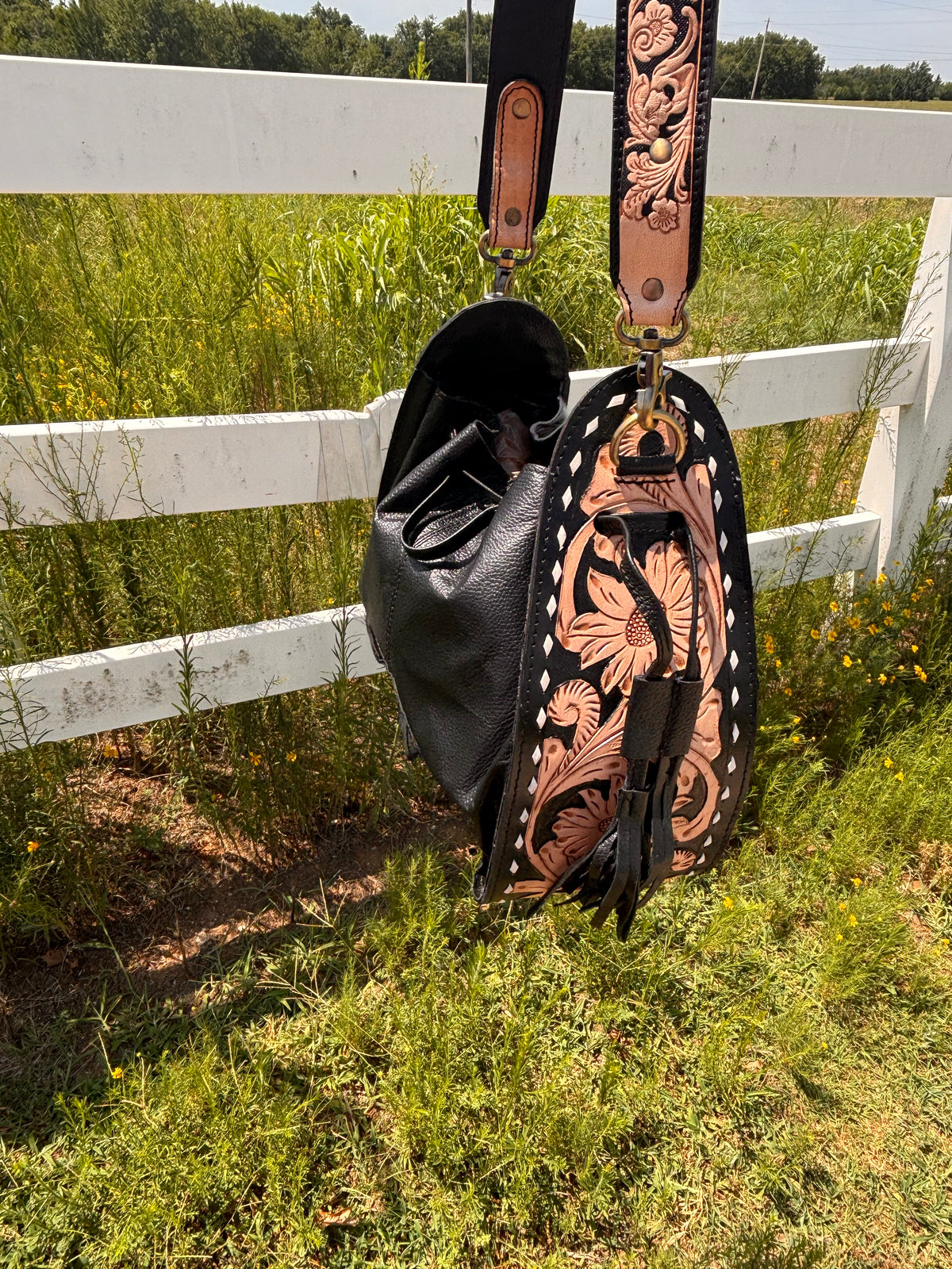 Bucket Bag-hand tooled-hair on hide