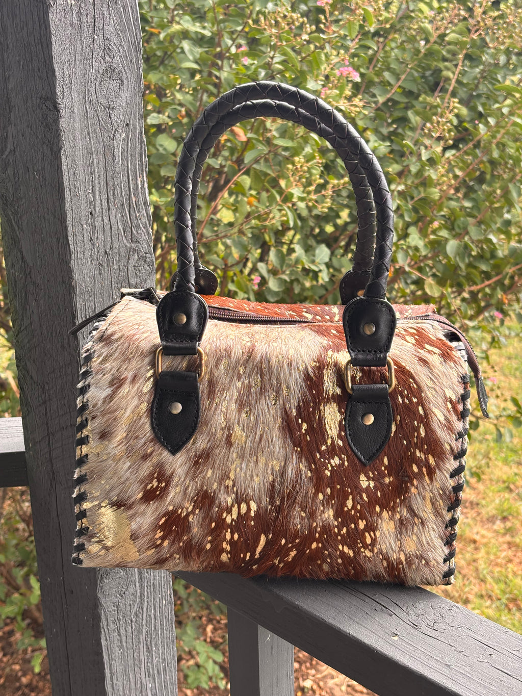 Brown cowhide speedy bag with gold splatter-medium 11”