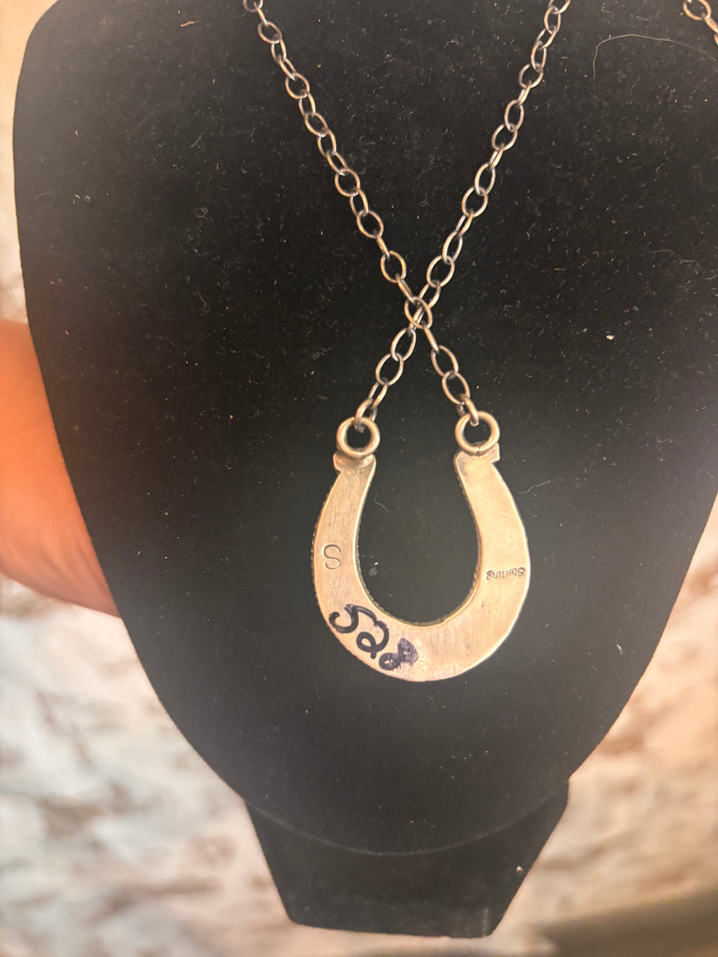 Sterling silver horseshoe-Pink conch stone-native made Stamped S stamped Sterling