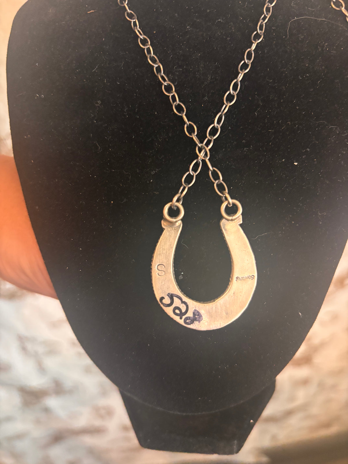 Sterling silver horseshoe-Pink conch stone-native made Stamped S stamped Sterling