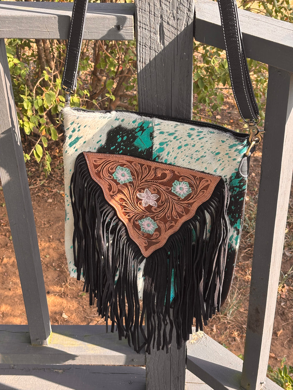 Large fringe front purse with double back zip pockets-adjustable strap