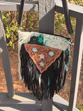 Large fringe front purse with double back zip pockets-adjustable strap