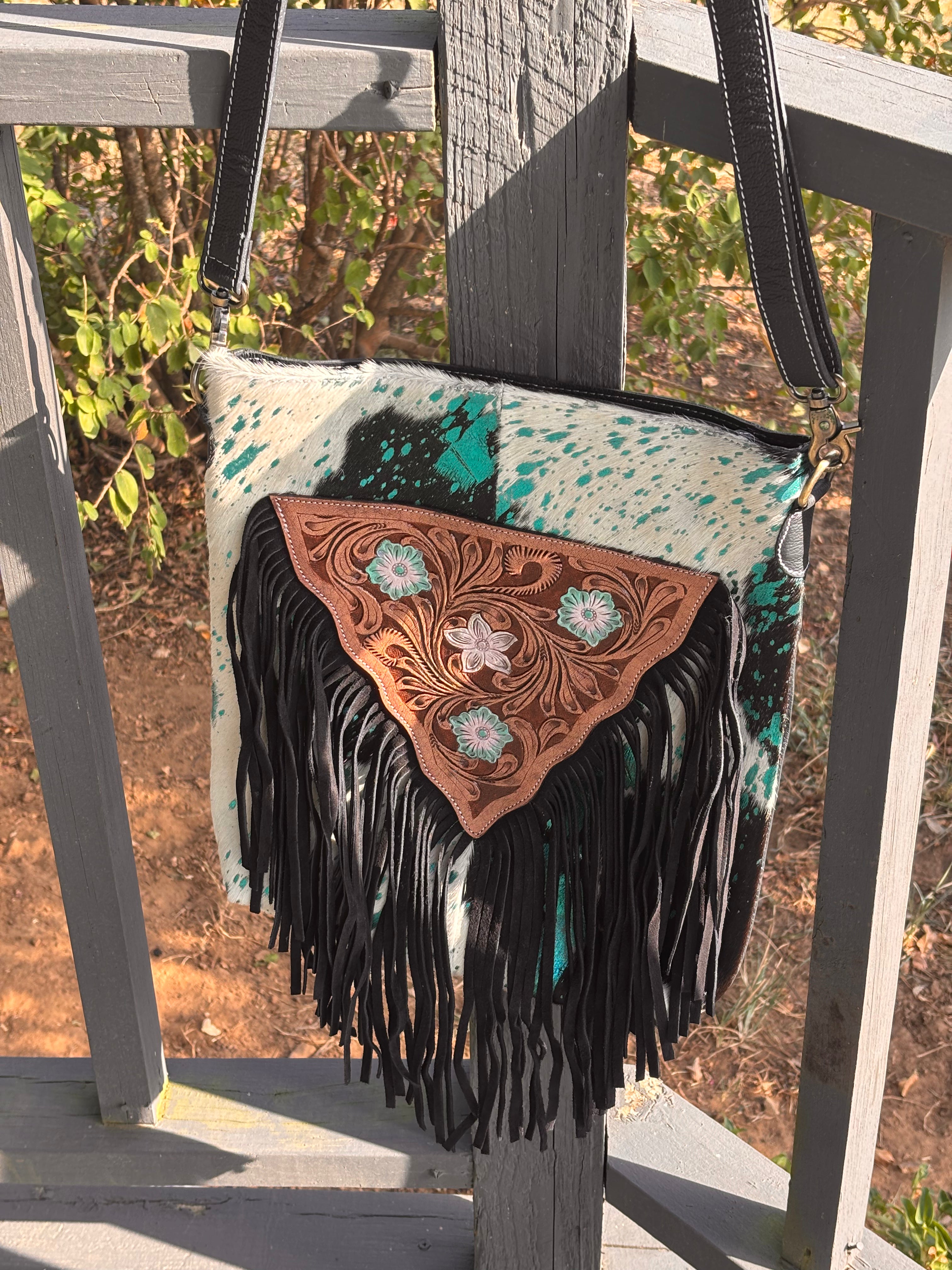Large fringe front purse with double back zip pockets-adjustable strap