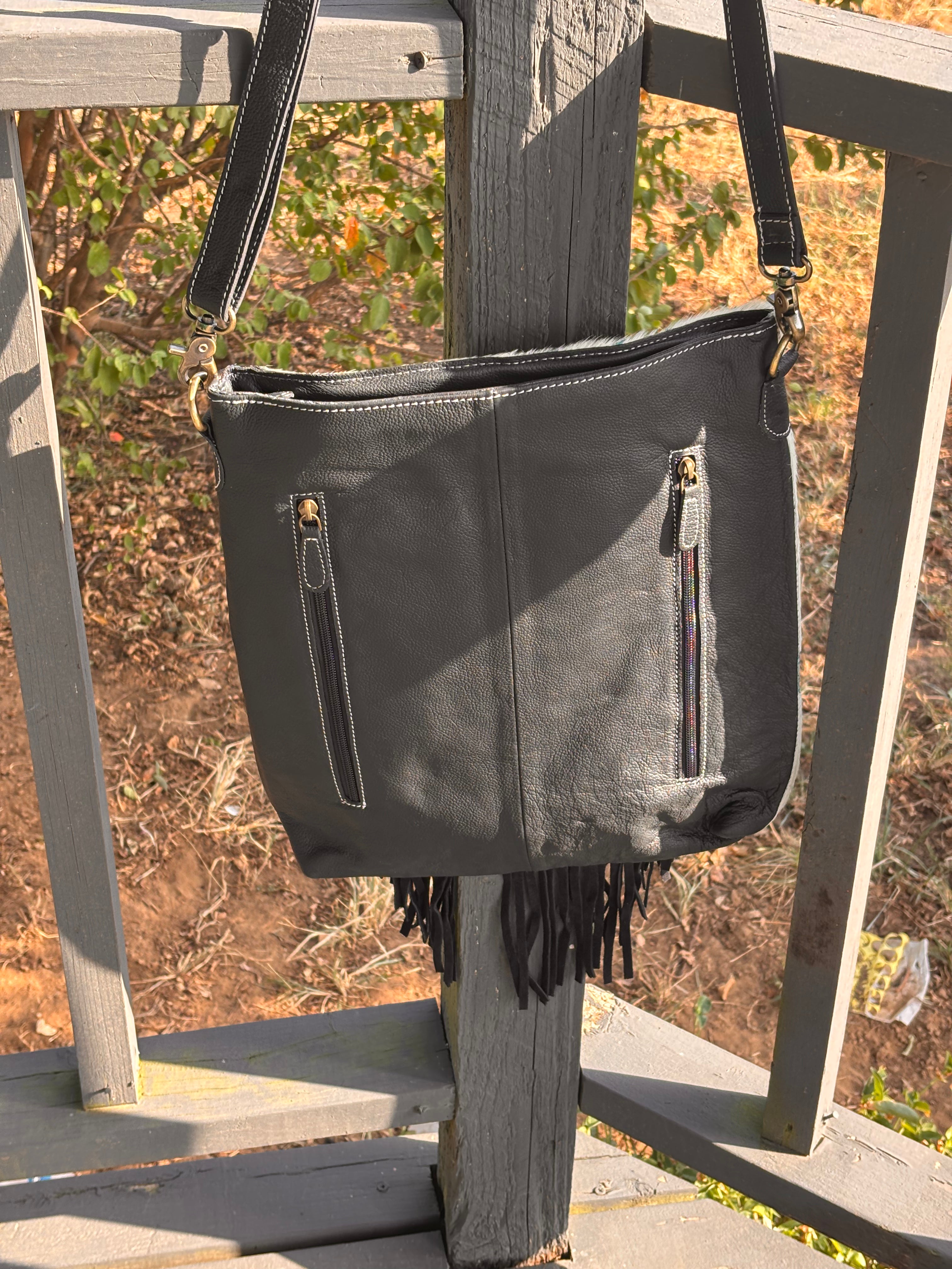 Large fringe front purse with double back zip pockets-adjustable strap